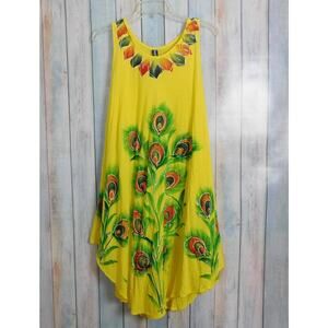 Summer Dress Free Size XL Yellow Green Orange Peacock Feathers BOHO Sunflower